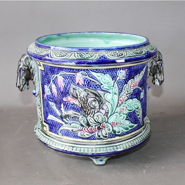 French Majolica Barbotine Cache Pot With Horse Head Handles For Sale - Image 4 of 6