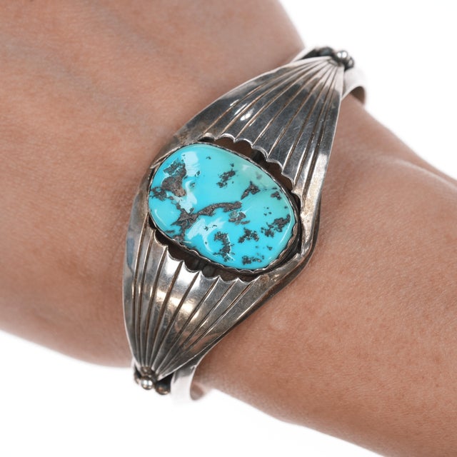 Contemporary 6.5" Vintage Zuni Carved turquoise silver cuff bracelet For Sale - Image 3 of 11
