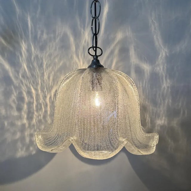 Mid-Century Bell-Shaped Ice Glass and Chrome Pendant Light, 1970s For Sale - Image 13 of 18