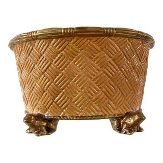 Italian Porcelain Basket Weave Planter With Frog Feet For Sale