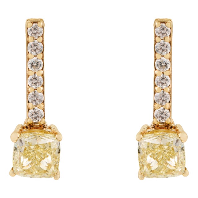 Cushion-Cut Fancy Yellow Diamond Bar Drop Stud Earrings in 14k Solid Gold- A Pair For Sale