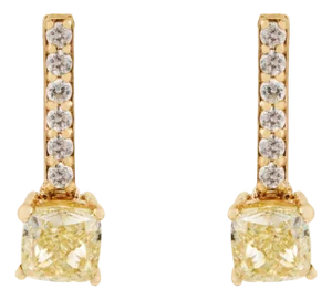 Cushion-Cut Fancy Yellow Diamond Bar Drop Stud Earrings in 14k Solid Gold- A Pair