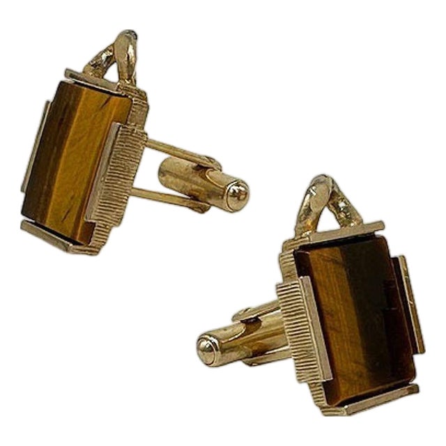 1960s Mid-Century Mens 10k Gold Plate Whaleback Cufflinks W/ Tigers Eye by Swank Products, A Pair For Sale