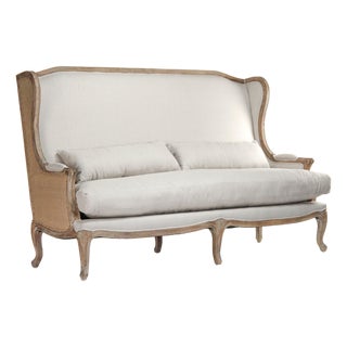 Leon Wingback Settee Natural Linen/Burlap Bench with Weathered Oak Frame For Sale