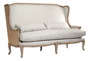Leon Wingback Settee Natural Linen/Burlap Bench with Weathered Oak Frame