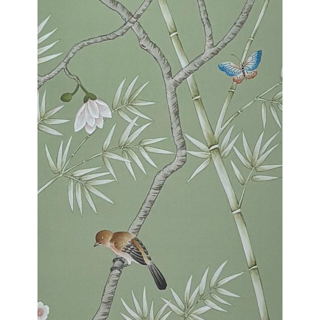 Chinoiserie Hand-Painted Wallpaper Panels, Soft Sage Green Background With Floral & Bird Mural, Set of 5 For Sale - Image 4 of 5