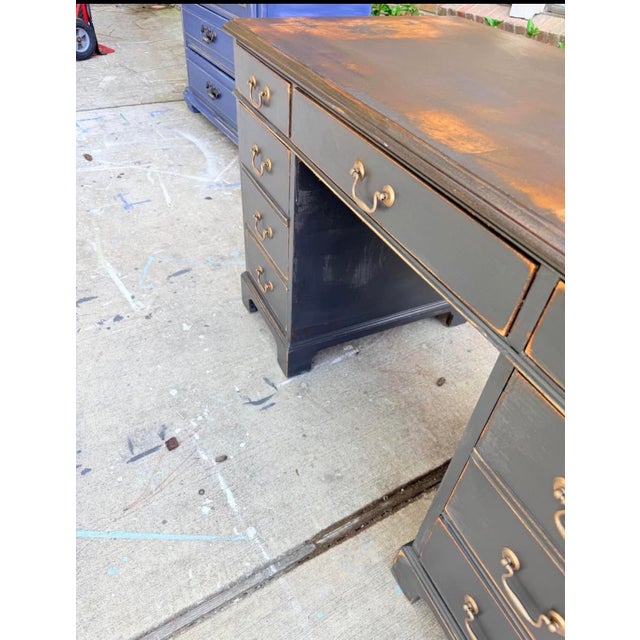Hand-Refinished Executive Desk With Rich Walnut Top Charcoal Distressed For Sale - Image 4 of 4