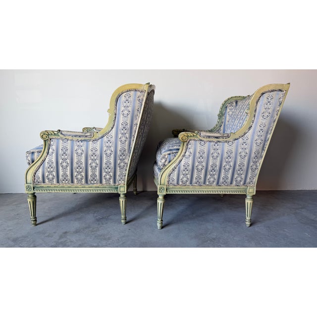 Green 1970s Pair of French Louis XVI Style Carved Wood Armchairs For Sale - Image 8 of 18