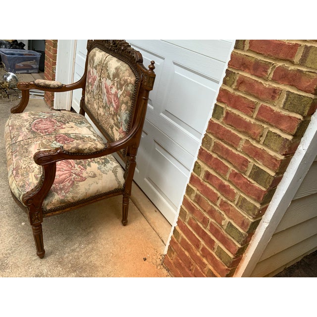 Vintage Bench With Tapestry For Sale - Image 4 of 7