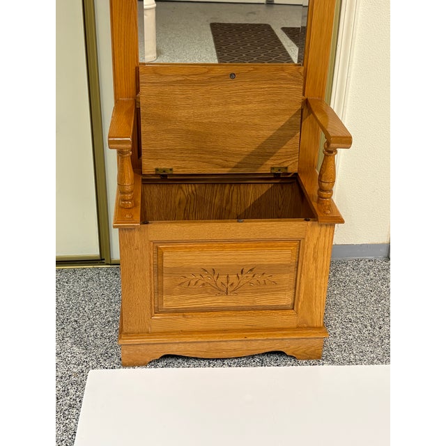 Vintage Tradional Oak Hall Tree With Mirror and Storage Bench For Sale - Image 4 of 6