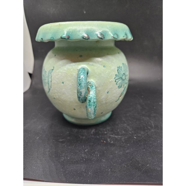 Signed, Aged Turquoise Double Handle Violet Vase