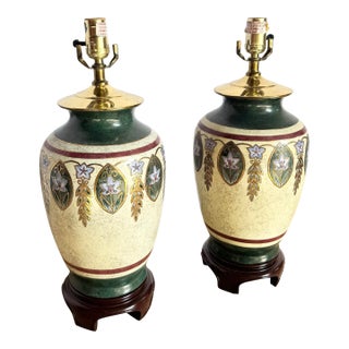 Vintage Green Gold and Cream Hand Painted Table Lamps - A Pair For Sale