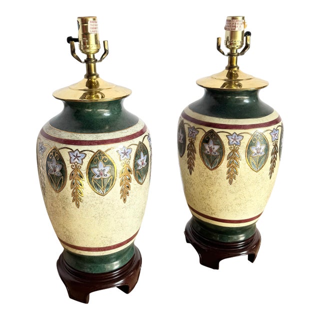 Vintage Green Gold and Cream Hand Painted Table Lamps - A Pair For Sale