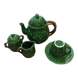 Vintage MCM the Haldon Group Teapot Set Green Strawberry Leaves Flowers Creamer Sugar Cup- 5 Pieces For Sale