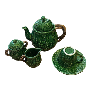 Vintage MCM the Haldon Group Teapot Set Green Strawberry Leaves Flowers Creamer Sugar Cup- 5 Pieces