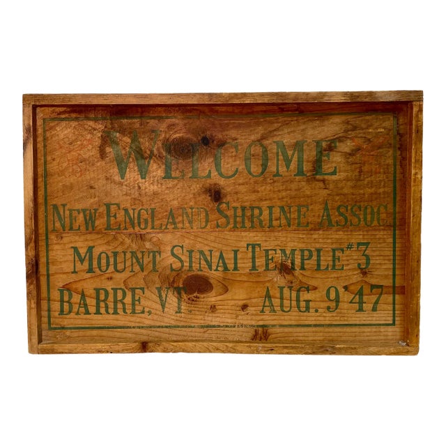 Vintage Wooden New England Shrine Association Mount Sinai Temple #3 Sign, Barre Vermont 1947 For Sale