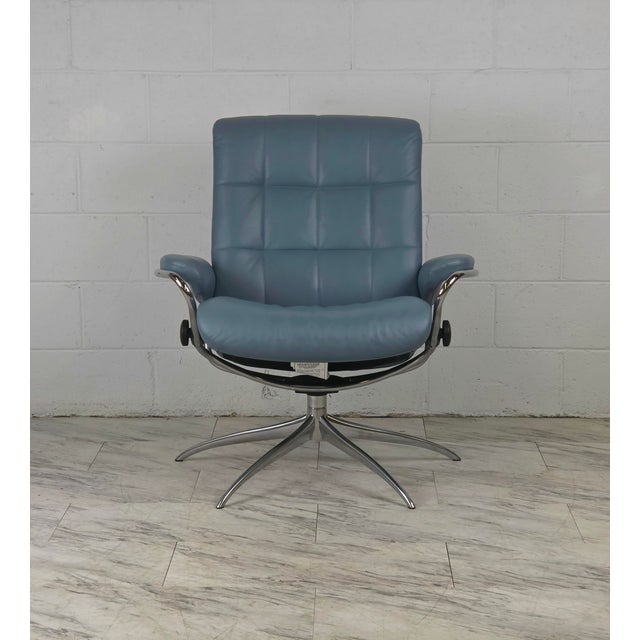 Metal Sparrow Blue Leather Ekornes Stressless Recliner For Sale - Image 7 of 9