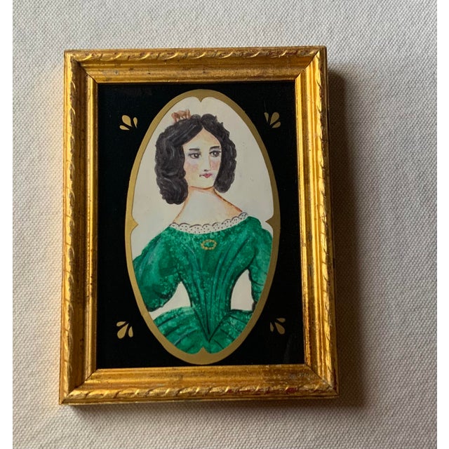 Folk Art Portrait of Lady in Emerald Green Dress - Gilded Frame For Sale - Image 10 of 15