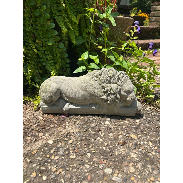 This cast concrete recumbent lion is ready to keep watch over your garden, porch or garden room. It is a vintage piece...