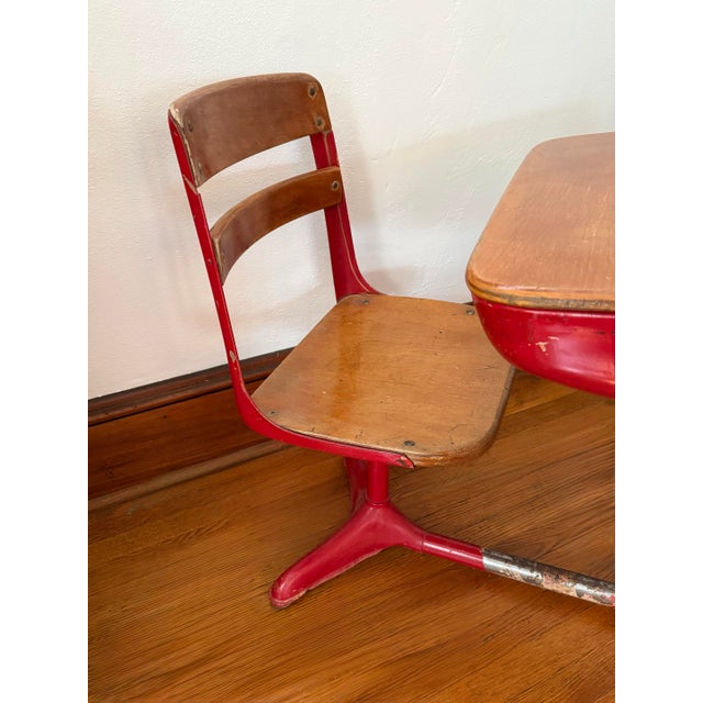 American Seating Company Mid Century Red Metal Children's School Desk With Attached Wood Seat For Sale - Image 4 of 10