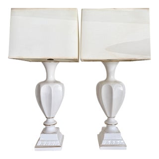 Large Pair of White & Gold Ceramic Table Lamps From 60's For Sale
