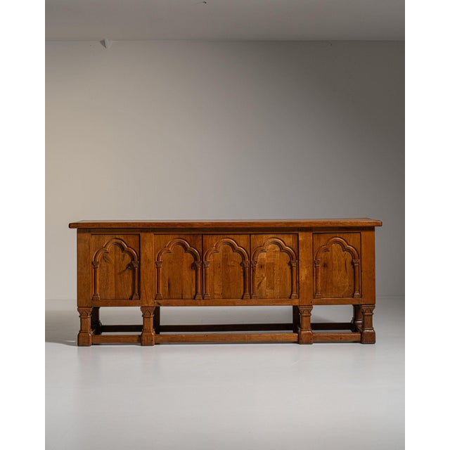 1970s 1970-1979 France Rich Walnut Brown Carved Walnut Gothic-Arch Buffet For Sale - Image 5 of 11