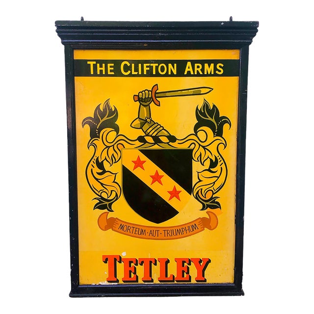 Vintage English Metal Pub Sign in Wooden Frame. Tetley Bitters For Sale