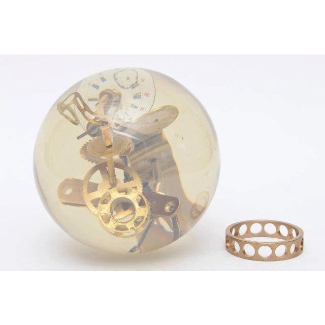 Brass Vintage Embedded Gear and Clock Part Round Lucite Sculpture, French, 1960's For Sale - Image 8 of 9