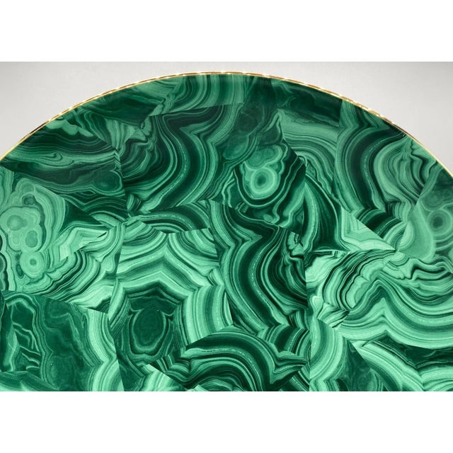 Stunning, oversized faux malachite earthenware platter made by L'Objet and accompanied with a large acrylic stand for...