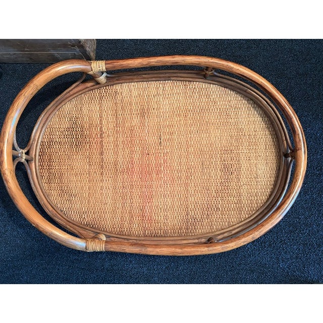 Mid Century Bent Rattan and Wicker Bar Cart With Removable Rattan and Wicker Tray For Sale - Image 9 of 9