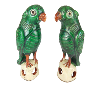 Early 20th Century Chinese Export Green Sanscai Glazed Parrots- a Pair