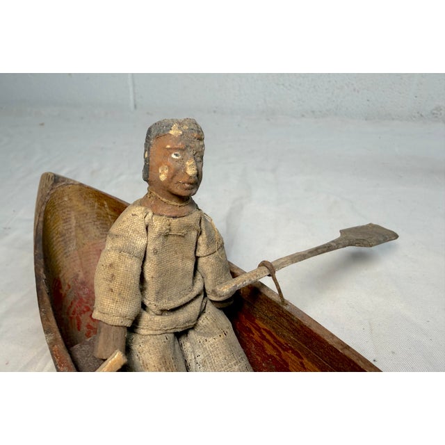 Antique Hand Carved Wood Canadian Inuit Eskimo Art Wood Sculpture Canoe Man For Sale - Image 4 of 12