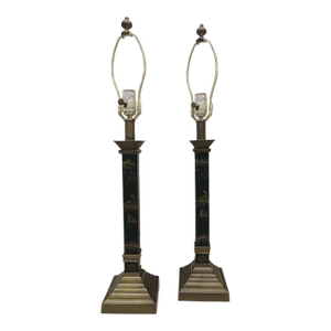 Tall Antique Brass Finished and Hunter Green and Gold Leather Wrapped Table Lamps - a Pair