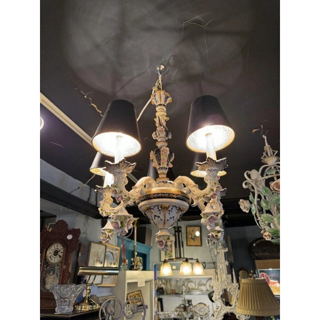 1930s French Hand Painted Porcelain Five Light Chandelier For Sale - Image 4 of 12