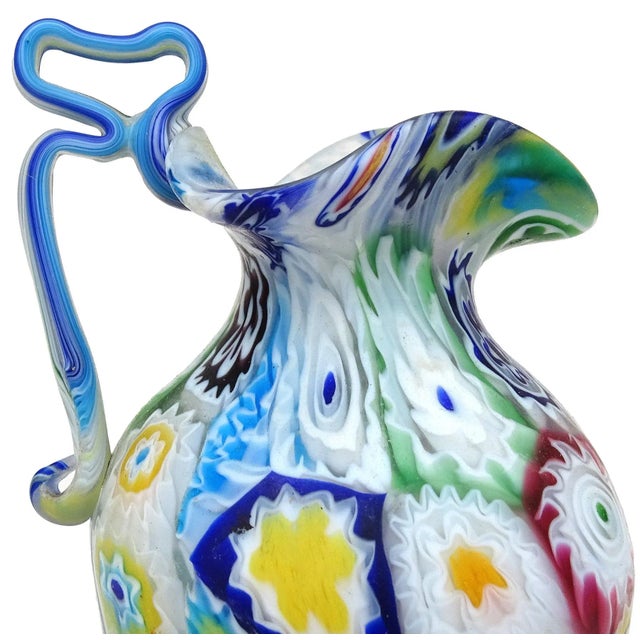 Murano Fratelli Toso Murano Antique Early Millefiori Flowers Mosaic Italian Art Glass Ornate Handle Cabinet Vase For Sale - Image 4 of 8