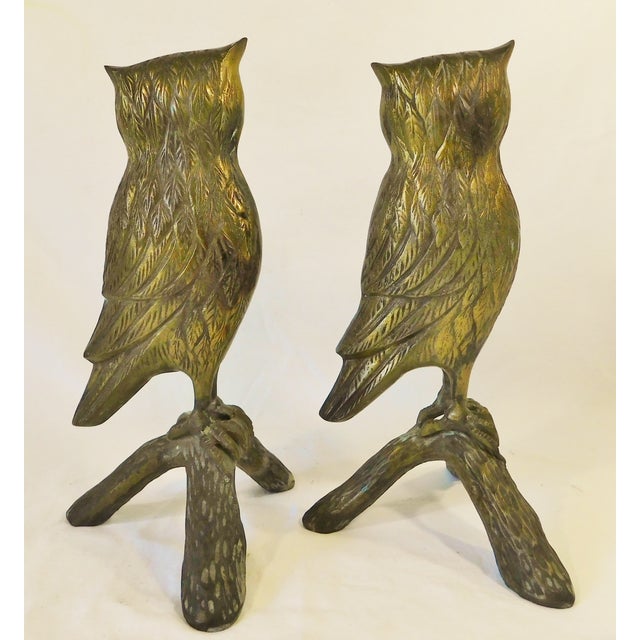 1970s Pair MCM Vintage Solid Brass Owl on Branch Figurines For Sale - Image 5 of 7