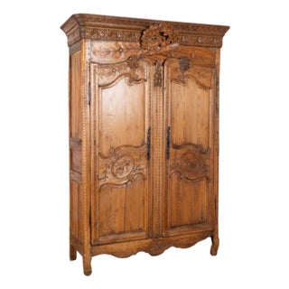 18th Century French Carved Pine Two Door Wedding Armoire Cabinet For Sale
