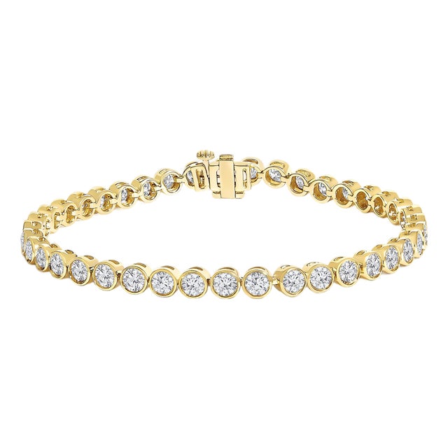 10K Yellow Gold 8.0 Cttw Bezel Set Round Diamond Tennis Bracelet For Sale