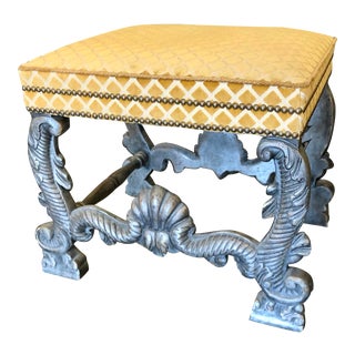 Minton Spidell Carved Italian Giltwood Silk Velvet Upholstered Bench For Sale