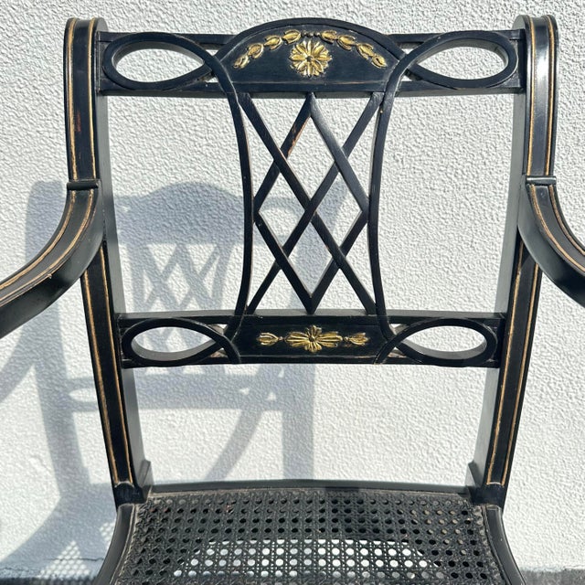 Pair of Vintage Regency-Style Ebonized and Parcel Gilt Armchairs, Circa 1980s For Sale In San Diego - Image 6 of 12