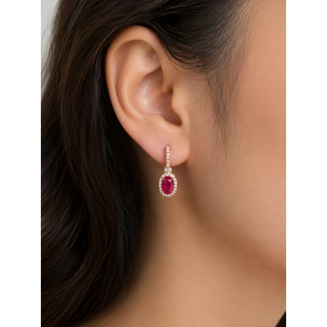 Contemporary Late 20th Century 14K Pink Rose Gold Diamond Ruby Huggie Earrings, Pair For Sale - Image 3 of 3