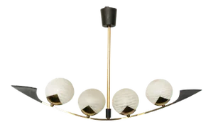 Maison Arlus Vintage French Four Light Brass, Opaline Globes & Bakelite Chandelier, 1970