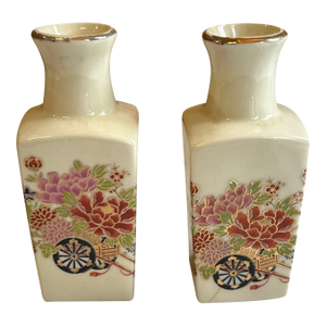 1970s Miniature Pair of Small White Ceramic Asian Vases With Floral Accents