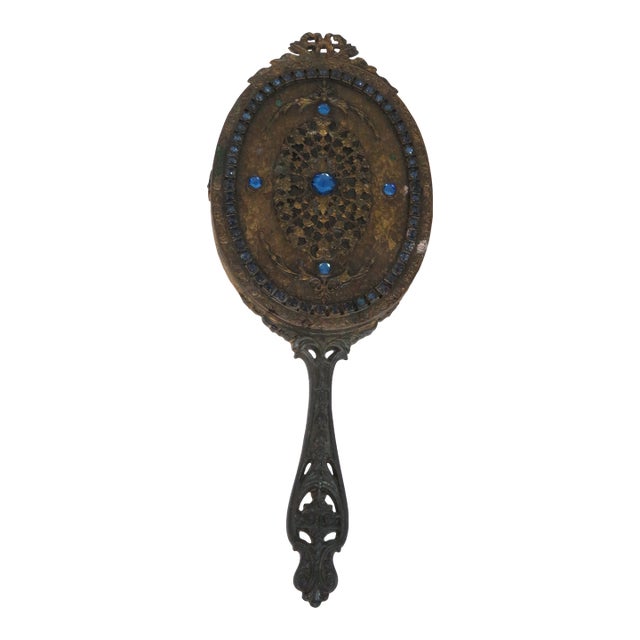 E&jb Empire Jeweled Hand Held Vanity Mirror 1920s Filigree Ornate Brass 4773b For Sale