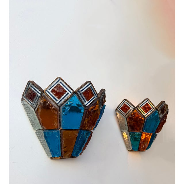 Mid-Century Modern Pair of Hammered Glass Wrought Iron Sconces by Longobard, Italy, 1970s For Sale - Image 3 of 12