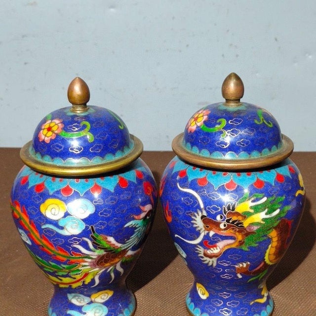 Chinese Vintage Pair of Chinese Blue Cloisonné Enamel "Dragon & Phoenix" Covered Jars With "Xuan" Mark For Sale - Image 3 of 9