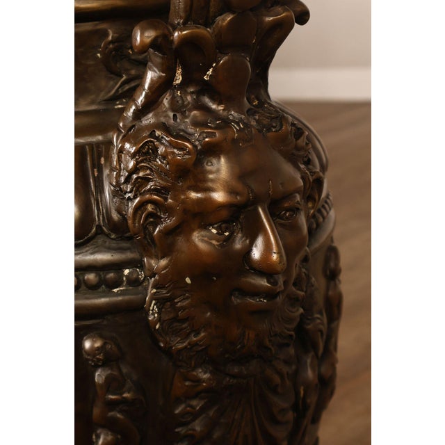 Neoclassical Style Large Pair Of Cast Bronze Covered Urns With Figural Relief For Sale - Image 12 of 18
