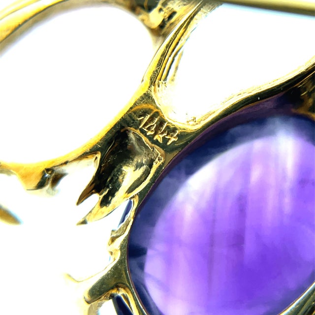 Purple 14k Yellow Gold Amethyst, Turquoise & Rose Quartz Studded Penguins Pin For Sale - Image 8 of 8