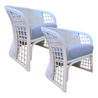 Pair of Woven Barrel Chairs Sunbrella Cushions For Sale