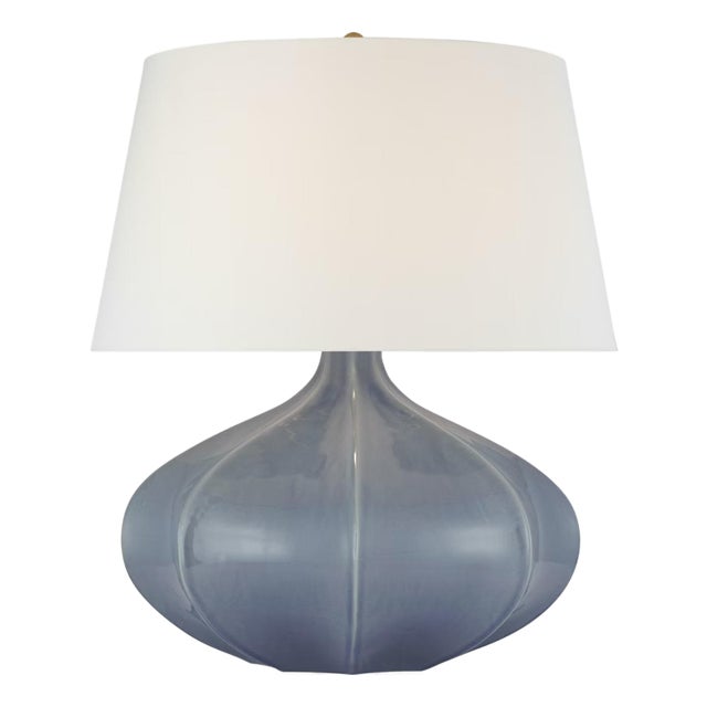 AERIN by Visual Comfort Signature Rana Medium Wide Table Lamp in Polar Blue Crackle with Linen Shade For Sale